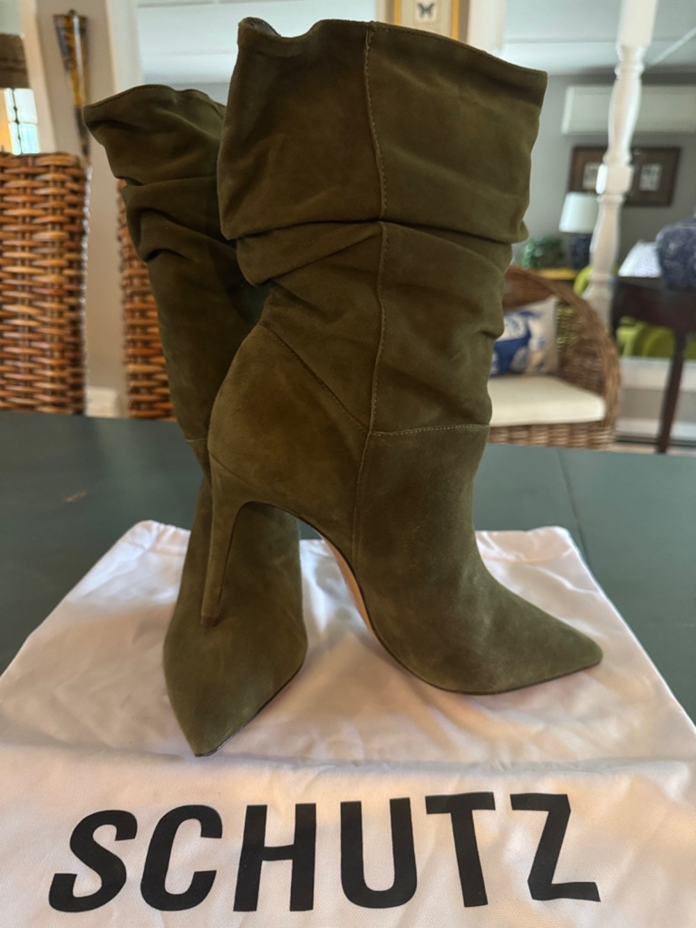 SCHUTZ Olive Green Suede Slouchy Stiletto Midcalf Boots. NWT. 9.5